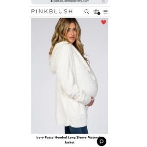 Pink blush, Ivory fuzzy hooded long sleeve maternity jacket.